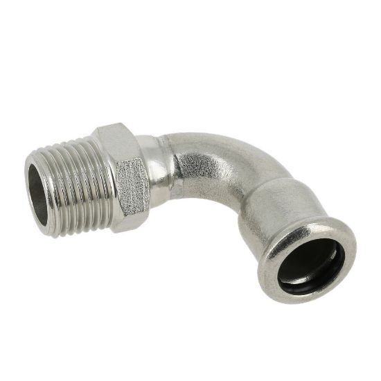 Afbeeldingen van Press rvs-316L kiwa bocht 90° 1/2 buitendraadx18mm