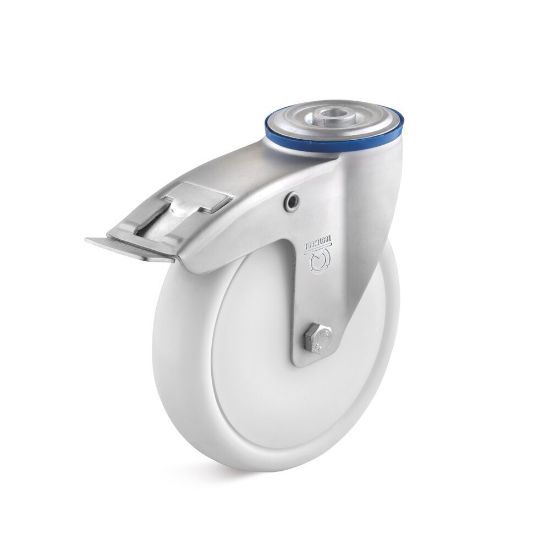 Afbeeldingen van Zwenkwiel+rem 80mm polypropyleen        150kg wit boutgat