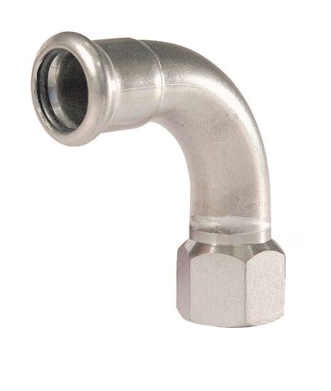 Afbeeldingen van Press rvs-316L kiwa bocht 90° 1/2 binnendraadx15mm