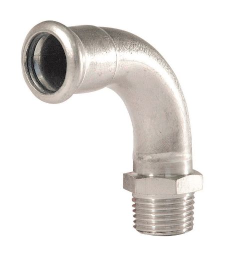 Afbeeldingen van Press rvs-316L kiwa bocht 90° 1/2 buitendraadx15mm
