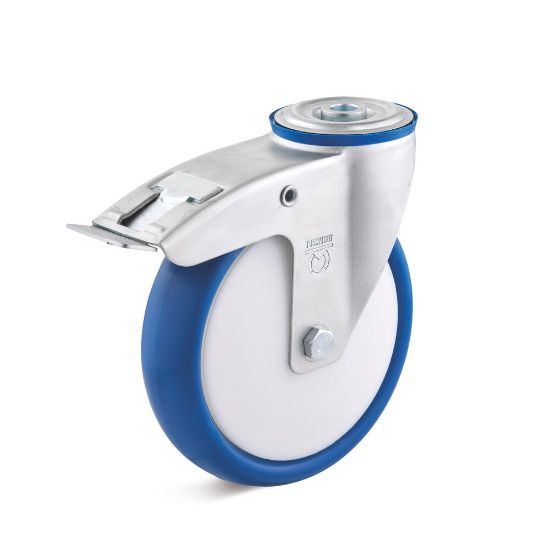 Afbeeldingen van Zwenkwiel+rem 160mm polyurethaan        250kg blauw boutgat