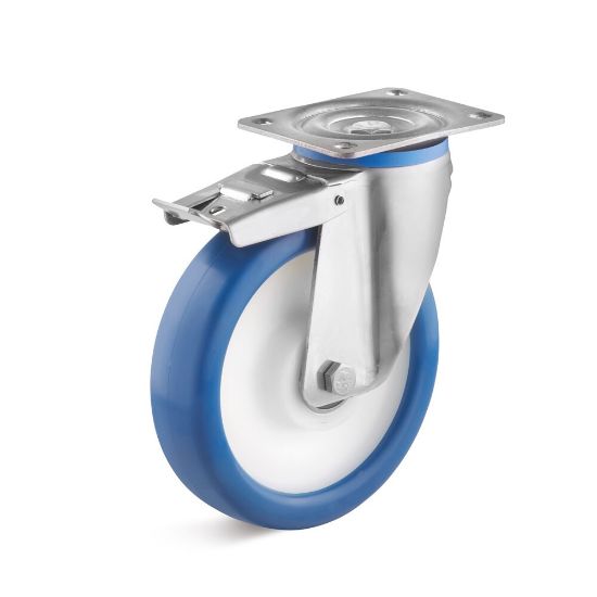 Afbeeldingen van Rvs zwenkwiel+rem 200mm polyurethaan    500kg blauw