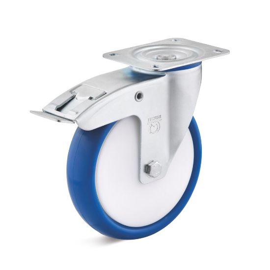 Afbeeldingen van Zwenkwiel+rem 80mm polyurethaan         100kg blauw