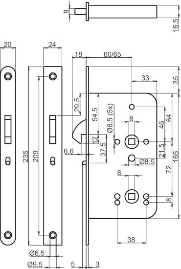 Afbeeldingen van Assa project vrij+bezet schuifdeurslot  2488 17T24-60 rvs voorplaat 20x235