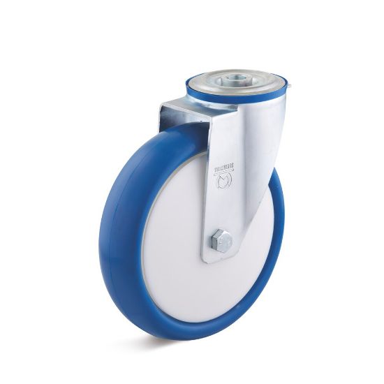 Afbeeldingen van Zwenkwiel 160mm polyurethaan            250kg blauw boutgat