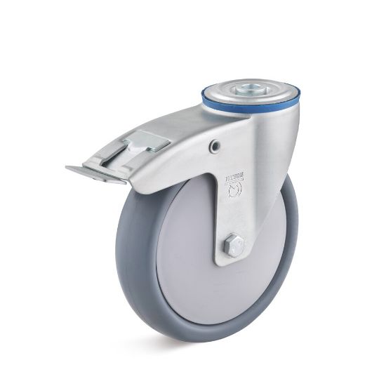 Afbeeldingen van Zwenkwiel+rem 160mm thermoplast         180kg grijs boutgat