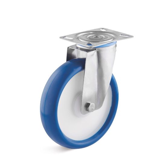 Afbeeldingen van Rvs zwenkwiel 100mm polyurethaan        130kg blauw