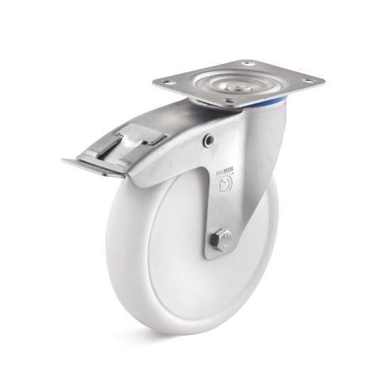 Afbeeldingen van Zwenkwiel+rem 125mm polypropyleen       210kg wit